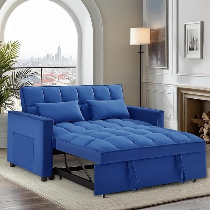 3 in 1 Sleeper Sofa Beds, Futon Sofa Bed for Living Room with Side Pocket, Sleepers Couch with Pullout Bed, Convertible Love Seat Sleepers Couch for Living Room, Bedroom, Small Space, Blue-CasaMuseHome