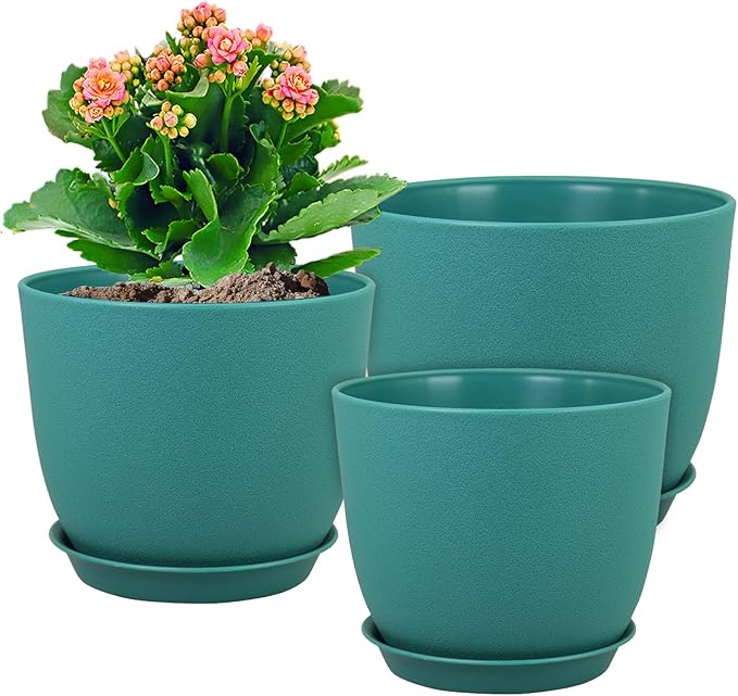 9/8/7.5 inch Flower Pots, 3 Pack Modern Plastic Planters with Drainage Holes and Trays for House Plants, Plant Pots for Indoor Outdoor Plants, Blue Green-CasaMuseHome