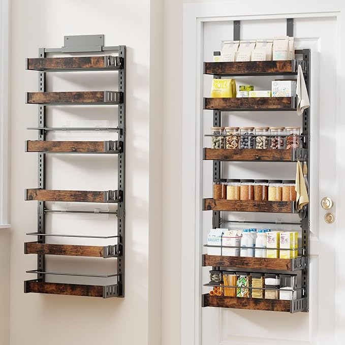 6 Tier Over The Door Pantry Organizer, 2 IN 1 Wall Mount or Metal Hanging Spice Rack for Pantry Organizers and Storage, Seasoning Shelves，Adjustable Basket with Hooks for Kitchen, Bathroom,Laundry-CasaMuseHome