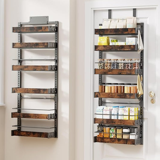 6 Tier Over The Door Pantry Organizer, 2 IN 1 Wall Mount or Metal Hanging Spice Rack for Pantry Organizers and Storage, Seasoning Shelves，Adjustable Basket with Hooks for Kitchen, Bathroom,Laundry-CasaMuseHome
