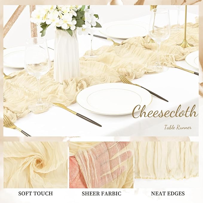 10FT 20 Pack Beige Cheesecloth Table Runner 20 x 120 Inch Long Rustic Gauze Fabric Cheese Cloth Table Runner for Wedding Bridal Baby Shower Table Decorations Boho Sheer Birthday Party Table Decor-CasaMuseHome