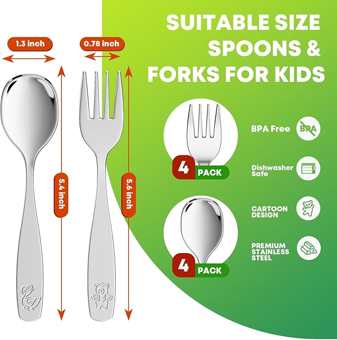 8 Pieces Toddler Utensils, Kids Stainless Steel Silverware Set - 4pcs Forks and 4pcs Spoon, Cute Children Flatware Sets with Mirror Polished, Self Feeding Safe, Dishwasher Safe-CasaMuseHome
