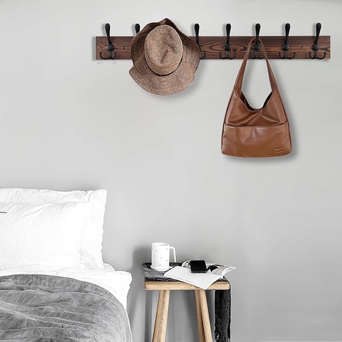 32.2'' Large Coat Rack Wall Mount Coat Hooks Coat Hanger with 8 Metal Black Triple- Hooks Brown Pine Real Wood Plank Hat Rack for Wall Hooks for Hanging Coat Hat Jacket-CasaMuseHome