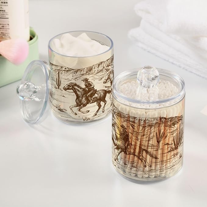 2 Pack Qtip Holder Organizer Dispenser Western Desert Cowboy Bathroom Storage Canister Cotton Ball Holder Container for Cotton Swabs/Pads/Floss-CasaMuseHome