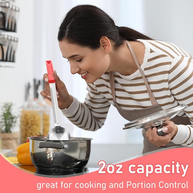 16 Pcs Portion Control Serving Spoons, Restaurant Measuring Serving Ladle Utensils, Portion Control Slotted Scoops for Weight Loss, Solid and Perforated Scoops(Red,2 oz)-CasaMuseHome
