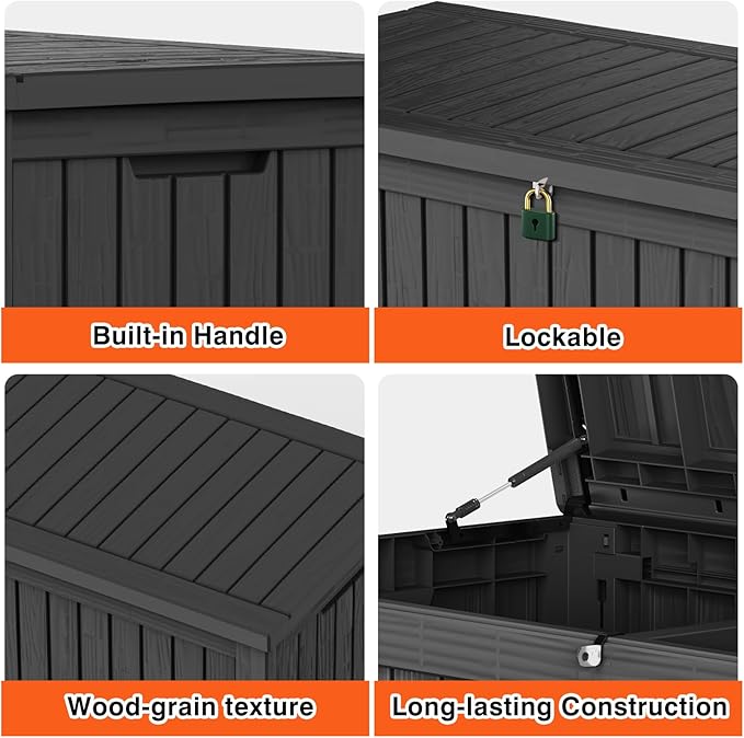 150 Gallon Deck Box Large Outdoor Storage for Patio Furniture,Outdoor Cushions,Garden Tools and Pool Supplies,Waterproof,Resin,Lockable(Black)-CasaMuseHome