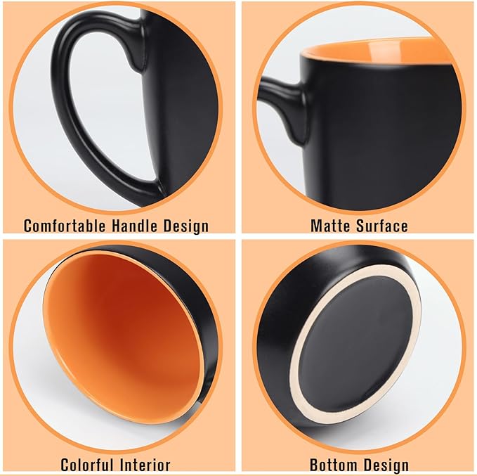 16 OZ Stoneware Coffee Mug Set of 6, Black Ceramic Mug with Different Color Inside, Colorful Porcelain Mug with Handle for Latte Espresso Cappuccino-CasaMuseHome