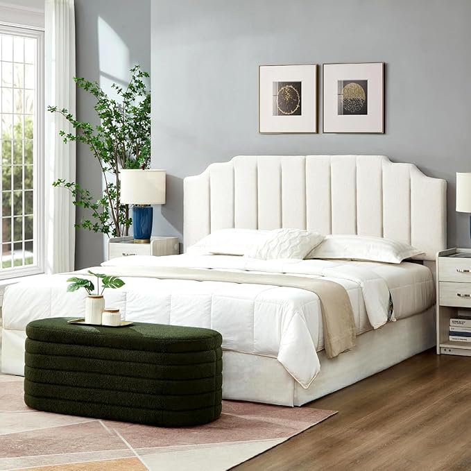 24KF White Teddy Fabric Tufted King Upholstered Headboard, Modern Vertical Channel Design California King Headboard with Stepped Silhouette Top Edge,6026-K-Teddy White-CasaMuseHome