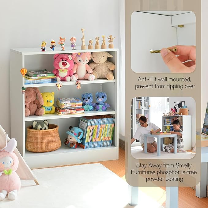 3-Tier Bookshelf with Adjustable Shelves, White Metal Space Saving Storage Shelf Bookcase, Small Open Storage Shelf for Living Room, Home Office, Dinning Room, Pantry (White-36H)-CasaMuseHome