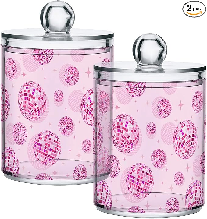 2 Pack Qtip Holder Organizer Dispenser Disco Balls Pink Bathroom Storage Canister Cotton Ball Holder Container for Cotton Pads/Swabs/Floss-CasaMuseHome
