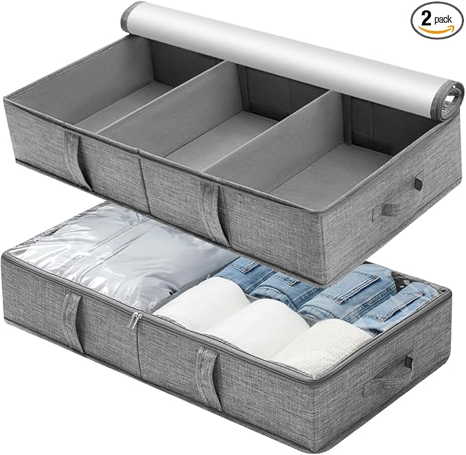 2 Packs Under Bed Storage Containers, Foldable Clothes Draw Organizers with Adjustable Dividers, Handles, Clear Window, Closet Storage Bins for Clothing, Shoes, Blankets-CasaMuseHome