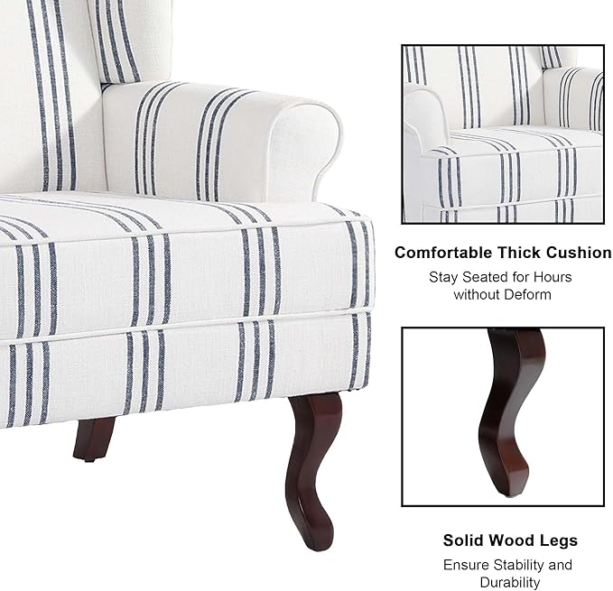 Accent Chair, High Back Upholstered Armchair with High Resilience Sponge & Wood Legs, Mid-Century Modern Comfy Single Sofa Reading Chairs for Living Room, Bedroom (Stripe Navy, Set of 1)-CasaMuseHome