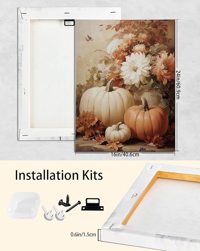 AbcCustomize Vintage Pumpkin Floral Wall Art Decor, Rustic Fall Daisy Flowers Canvas Print for Farmhouse Autumn Decor, Thanksgiving Decorations for Living Room Kitchen Dining Room, Ready to Hang-CasaMuseHome