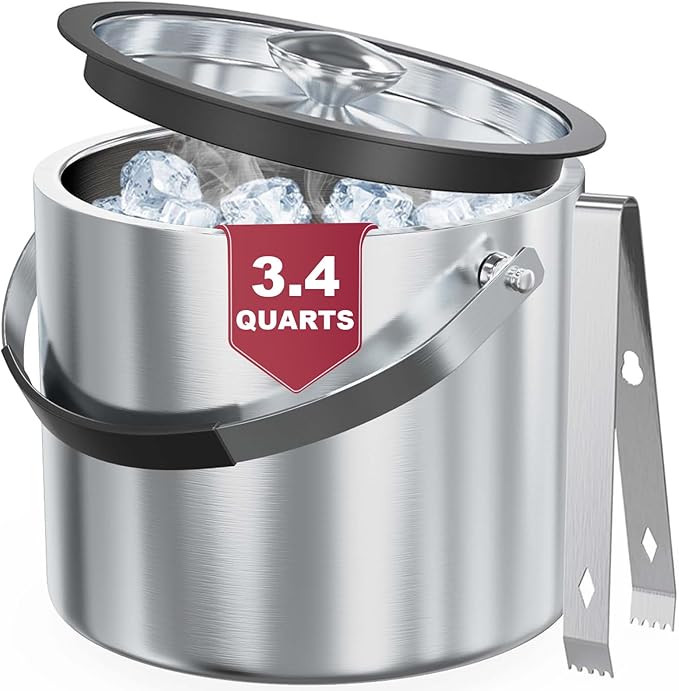 3.2 Liter Ice Bucket with Silicone Lid, Strainer, Tongs, Double Wall Insulated Stainless Steel Ice Bucket Wine Bucket for Cocktail Bar and Parties-CasaMuseHome