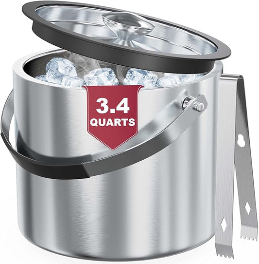 3.2 Liter Ice Bucket with Silicone Lid, Strainer, Tongs, Double Wall Insulated Stainless Steel Ice Bucket Wine Bucket for Cocktail Bar and Parties-CasaMuseHome