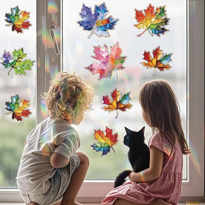 14pcs Window Decals for Bird Strikes, Anti Collision Window Clings, Rainbow Reflection Window Sticker, Maple Leaf Style Sun Catcher Stickers for Glass Windows-CasaMuseHome