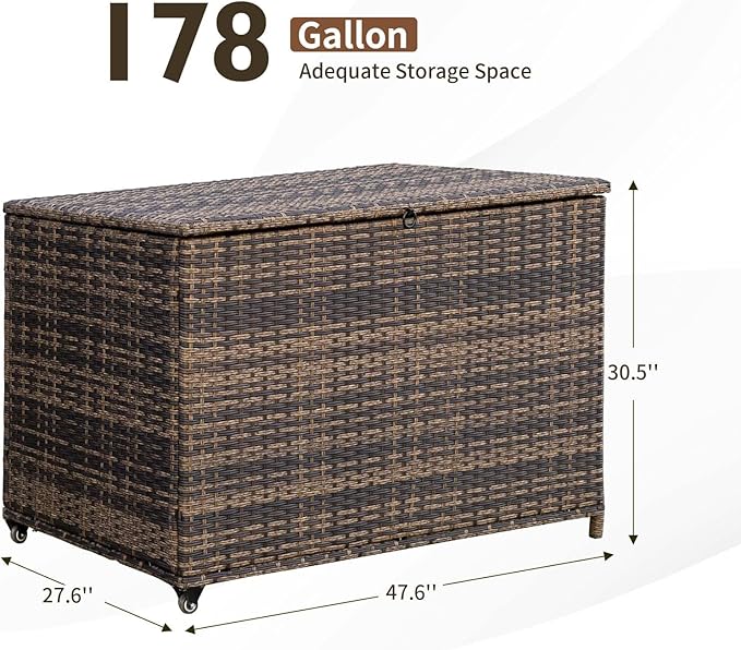 178 Gallon Outdoor Storage Box, Handle Large Portable Wicker Rattan Deck Box for Patio Furniture Cushions, Patio Deck Box with 2 WheelsThrow Pillows, Garden Tools and Pool Floats (Brown)-CasaMuseHome