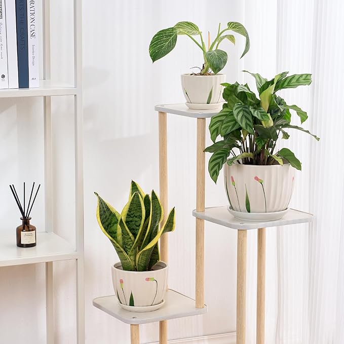 4/5/6 Inches Ceramic Plant Pots with Drainage Holes and Saucers, Round Flower Pots for Indoor Plant, Small Flower Planters Set of 3 (White Floral-Big Size)-CasaMuseHome