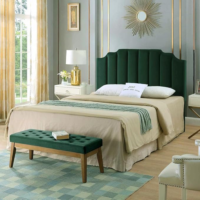 24KF Jade Velvet Tufted Queen Upholstered Headboard, Modern Vertical Channel Design California Queen/Full Headboard with Stepped Silhouette Top Edge,Jade-CasaMuseHome