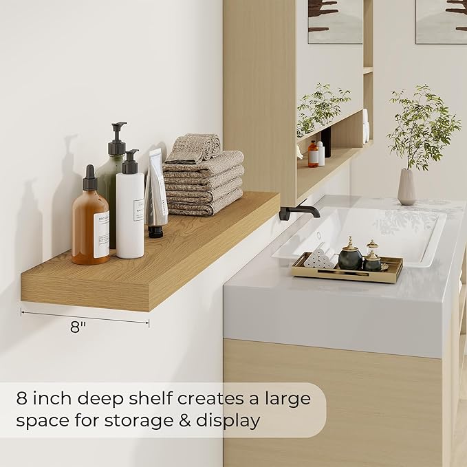 36 inch Floating Shelves Wall Shelves for Office with Invisible Brackets, 8 inch Deep Shelves for Bathroom, Living Room, Kitchen, Office, 36x7.9 inch deep Set of 2, Oak-CasaMuseHome