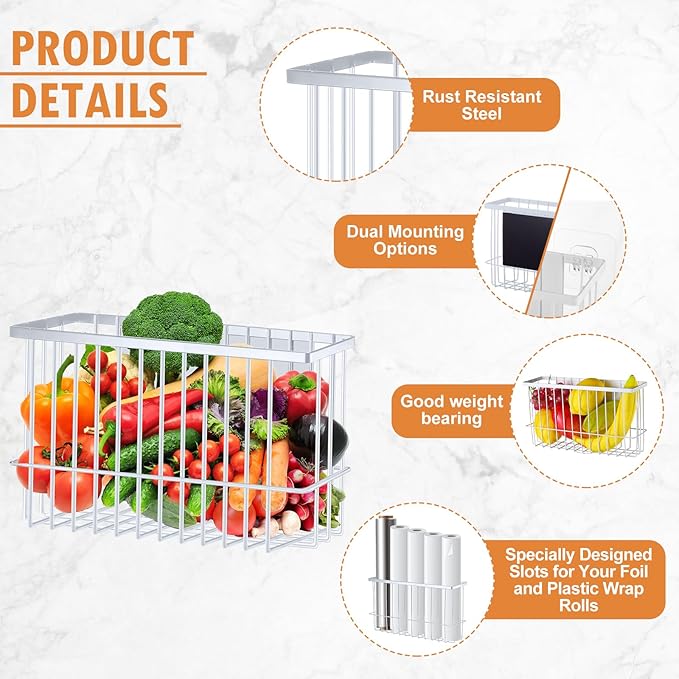 3 Pcs Magnetic or Adhesive Refrigerator Organizer Magnetic Baskets Kitchen Holder for Refrigerator Metal Shelf Rack Storage with 2 Types of Installation(White)-CasaMuseHome