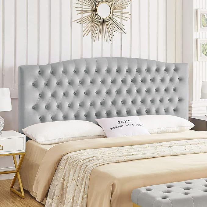 24KF Upholstered Tufted Button Velvet Headboard,Comfortable Fashional Headboard King/CA King Size,Gray-CasaMuseHome