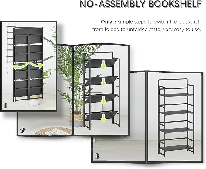 4NM No Assembly Foldable Bookshelf, 4-Shelf Collapsible Bookcase Storage for Small Spaces, 54" H, All Black-CasaMuseHome