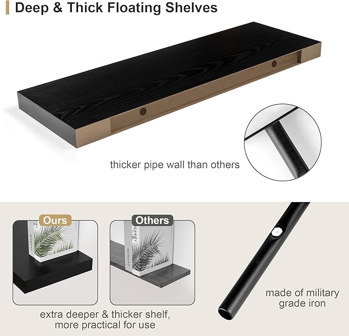12" Deep Black Floating Shelves,Over Toilet Long Wall Mounted Modern Farmhouse 36 inches,Wall Shelves with Invisible Brackets for Bedroom, Bathroom, Living Room, Kitchen, Set of 1-CasaMuseHome
