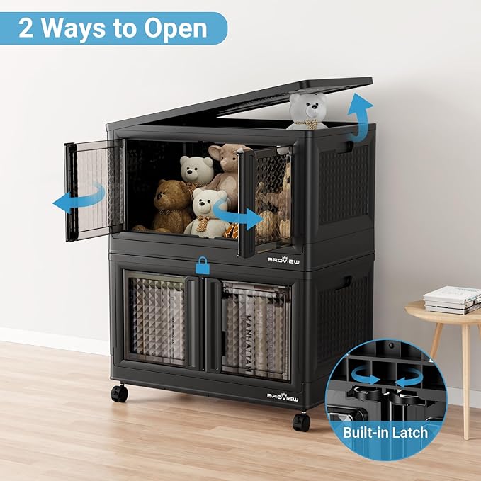 400Qt Stackable Storage Bins with Lids, 100Gal Closet Organizers and Storage Drawer, Plastic Collapsible Storage Bins with Doors, Heavy Duty Store Box Cabinet for Home Kitchen, 4Pack Black-CasaMuseHome