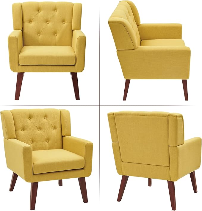 Accent Chair Button-Tufted Upholstered Living Room Chairs Comfy Reading Chair Mid Century Modern Chair with Linen Fabric Lounge Arm Chairs for Living Room Bedroom (Yellow)-CasaMuseHome