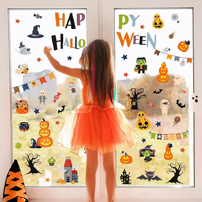 10 Sheets Halloween Window Clings Halloween Window Stickers Decorations Double-Sided Removable Castle Pumpkin Bat Glass Window Decals, Happy Halloween Window Clings for Kids Party Decorations-CasaMuseHome