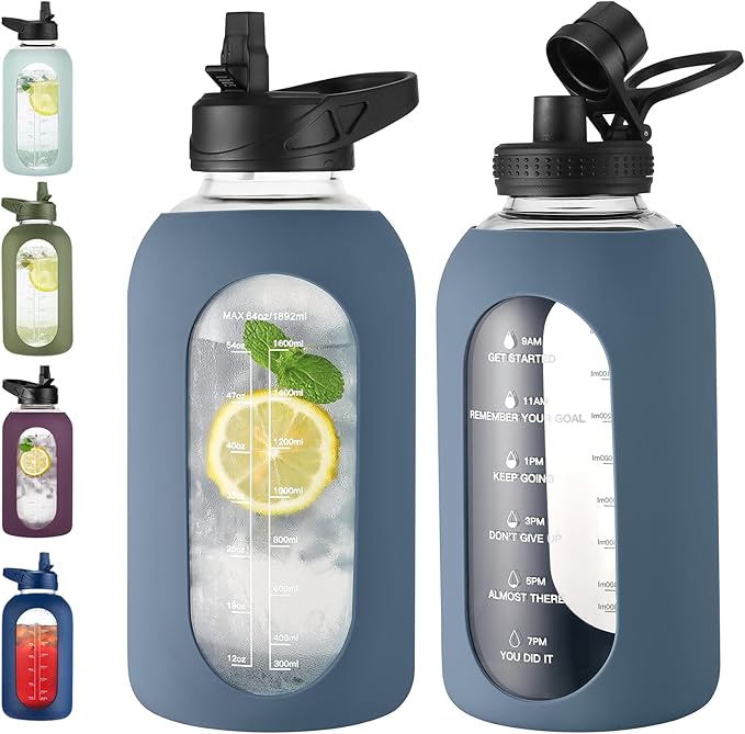 64 oz Glass Water Bottle With Straw and Handle, Half Gallon Sports Motivational Water Jug Flask with Silicone Sleeve, Large Water Cup with Time Marker for Travel, Gym, Dark Blue-CasaMuseHome
