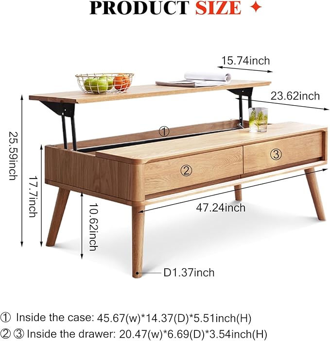 100% Solid Wood Lift Top Coffee Table for Living Room, Mid Century Modern Tables with Drawers and Large Storage, Oak Coffee Tables for Small Spaces (Oak Wood Log, 47.24" W x 23.62" D x 25.59" H)-CasaMuseHome