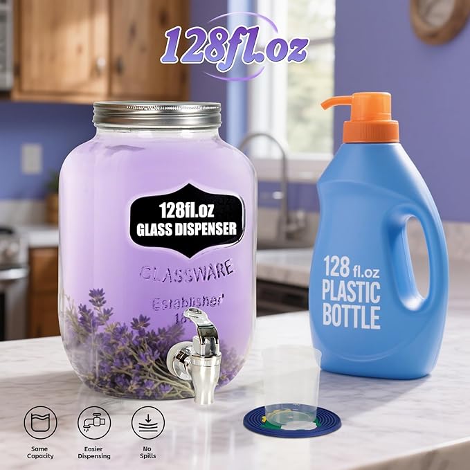 2-Pack 1 Gallon Glass Laundry Detergent Dispenser Set with Bamboo Lids and Stand - Liquid Soap and Fabric Softener Dispensers with Spigots, Cups, Labels and Mats, Laundry Room Organization and Storage-CasaMuseHome