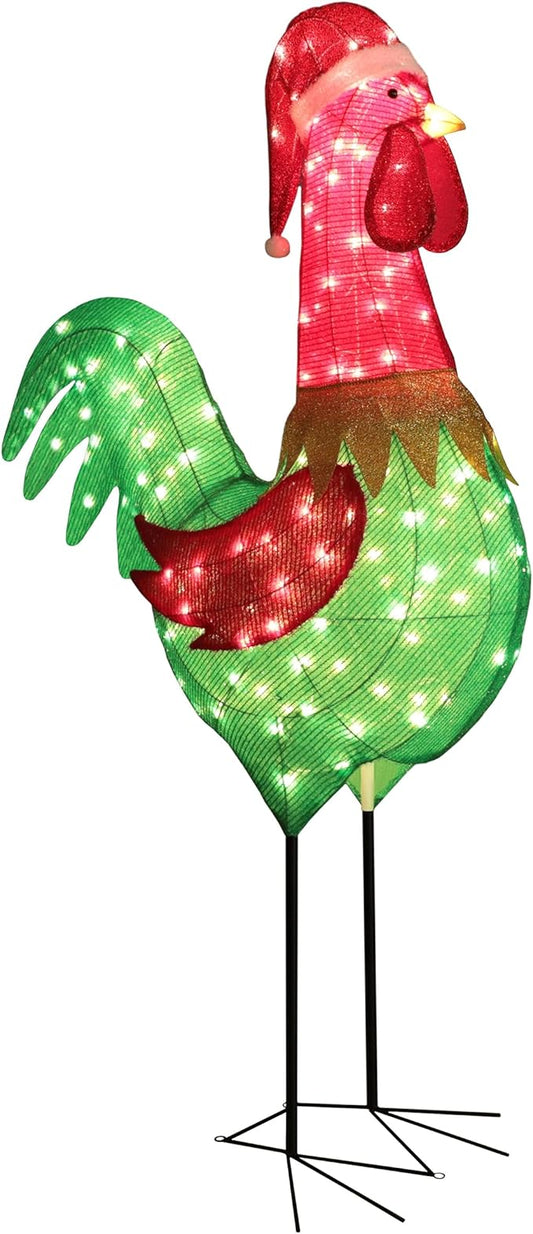 6FT Lighted Rooster with Christmas Hat for Outdoor Christmas Decorations, 3D Pre-Lit Iridescent Rooster Xmas Decor, Glittered Standing Holiday Display Rooster for Outdoor, Indoor-CasaMuseHome