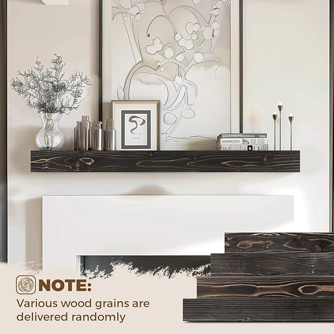 48x8x3 Fireplace Mantel - Handcrafted Hollow Rustic Solid Wood Wall Mounted Floating Shelf with Invisible Heavy Duty Wood Bracket (Weathered Black)-CasaMuseHome