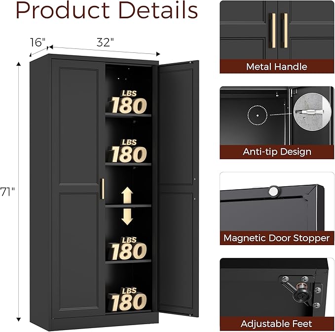 71" Tall Metal Pantry Cabinet, Black Kitchen Pantry Storage Cabinet with 4 Adjustable Shelves and Gold Handles, Cupboard for Kitchen, Dining Room, Living Room, Bathroom-CasaMuseHome