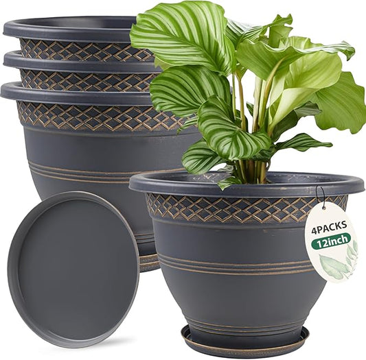 4 Pack 12 Inch Large Plant Pots, Plastic Flower Pot for Indoor & Outdoor with Drainage Holes & Saucer, Plaid Pattern Planters Garden Pots for Herbs-CasaMuseHome