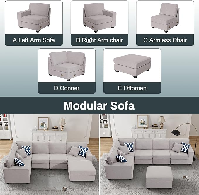 L Lengend Vansen Modular Sectional Sofa U Shaped Couch with Ottoman Modern Reversible Corner Sectional Couch for Living Room (Light Grey, U Shaped Sofa-1)-CasaMuseHome