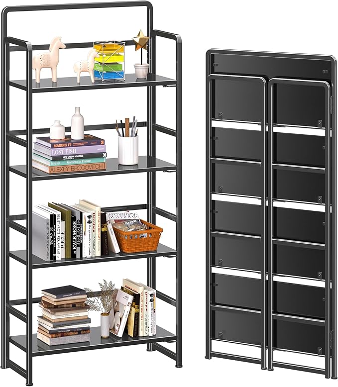 4NM No Assembly Foldable Bookshelf, 4-Shelf Collapsible Bookcase Storage for Small Spaces, 54" H, All Black-CasaMuseHome