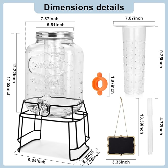 2 Gallon Glass Drink Dispensers For Parties,Beverage Dispensers With Stand And 100% Leakproof Stainless Steel Spigot.Glass Water Jug Dispenser,Lemonade Dispenser,Mason Jar.-CasaMuseHome