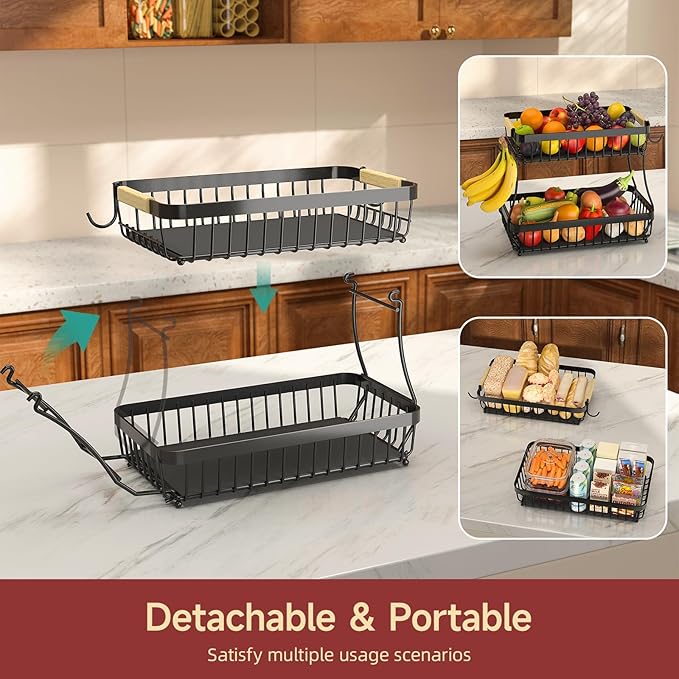 3 Tier Fruit Basket for Kitchen Counter with 2 Mobile Banana Hangers, 2025 Pro Detachable Metal Fruit Bowl with Wooden Handle, Fruit Holder for Bread Snack Veggies with Protective Mats-CasaMuseHome