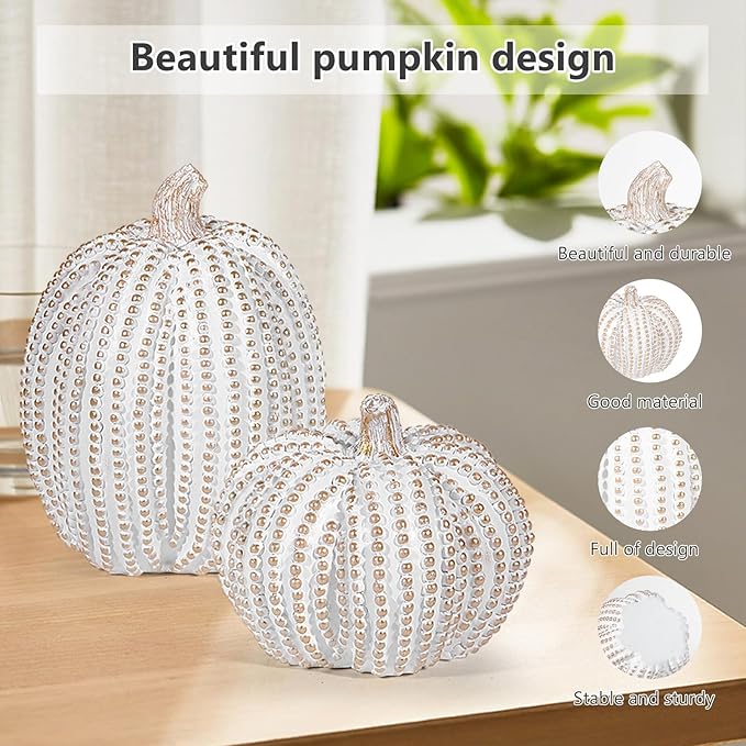 2Pcs Halloween Pumpkin Artificial Resin Pumpkins Decor for Mantel Harvest Autumn Tabletop Decoration Gold Fall Pumpkin Decorations Thanksgiving Table Centerpieces (Set A, ONE Size)-CasaMuseHome