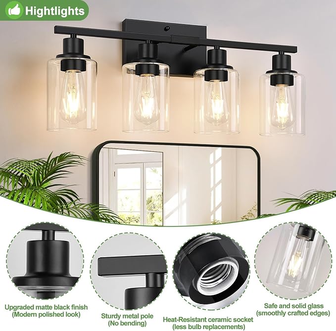 4-Light Bathroom Light Fixtures, Matte Black Modern Vanity Lights with Clear Glass Shades, Bathroom Wall Lamp for Mirror Living Room Cabinet Bedroom Porch-CasaMuseHome