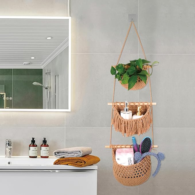 3 Tier Hanging Fruit Basket for Kitchen, Handmade Woven Cotton Hanging Wall Basket for Fruit Vegetable with 6 Hooks, Boho Style Over The Door Organizer for Living Bathroom Bedroom-CasaMuseHome