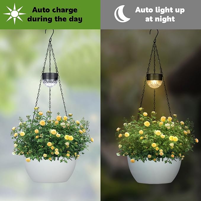2 Packs Solar Hanging Basket Planters for Plants Outdoor, Self Watering White Flower Plants Pots with Solar Light Drainer for Balcony Patio Garden Outdoor Decoration-CasaMuseHome