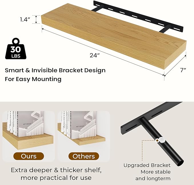 24 inch Floating Shelves Long Floating Shelves for Wall Large Wall Mounted Shelves with Invisible Brackets, Oak Shelves for Bathroom, Living Room, Kitchen, Office, 24x6.7 inch deep Set of 2-CasaMuseHome