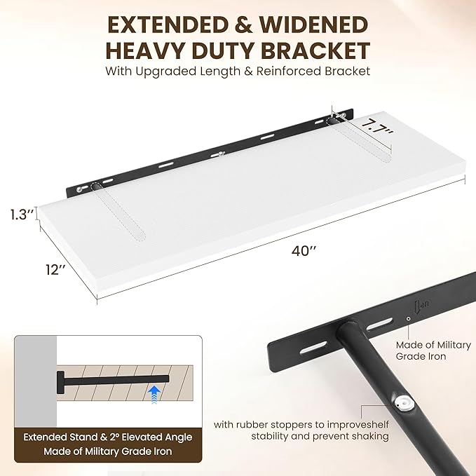 40" Floating Shelves for Wall, 12" Deep Slim White Floating Shelves, Wall-Mounted Shelves for Bedroom, Living Room, Kitchen, Bathroom - Set of 2-CasaMuseHome