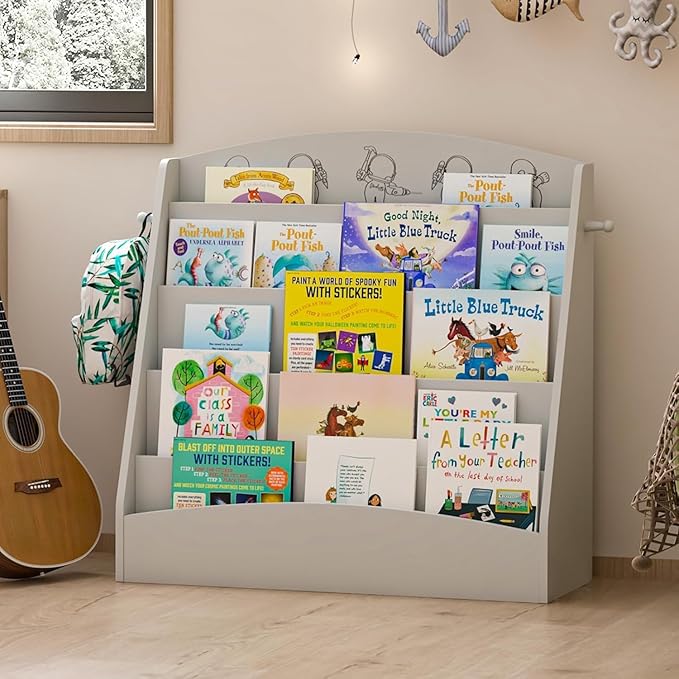 5-Tier Kids Bookshelf Montessori Toddler Book Rack Baby Bookcase Floor Front Facing Magazine Display Shelf for Bedroom Playroom Nursery Classroom Kindergarten Wood (Gray)-CasaMuseHome