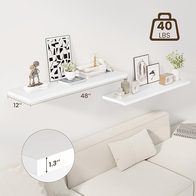 48" Floating Shelves for Wall, 12" Deep Slim White Floating Shelves, Wall-Mounted Shelves for Bedroom, Living Room, Kitchen, Bathroom - Set of 2-CasaMuseHome